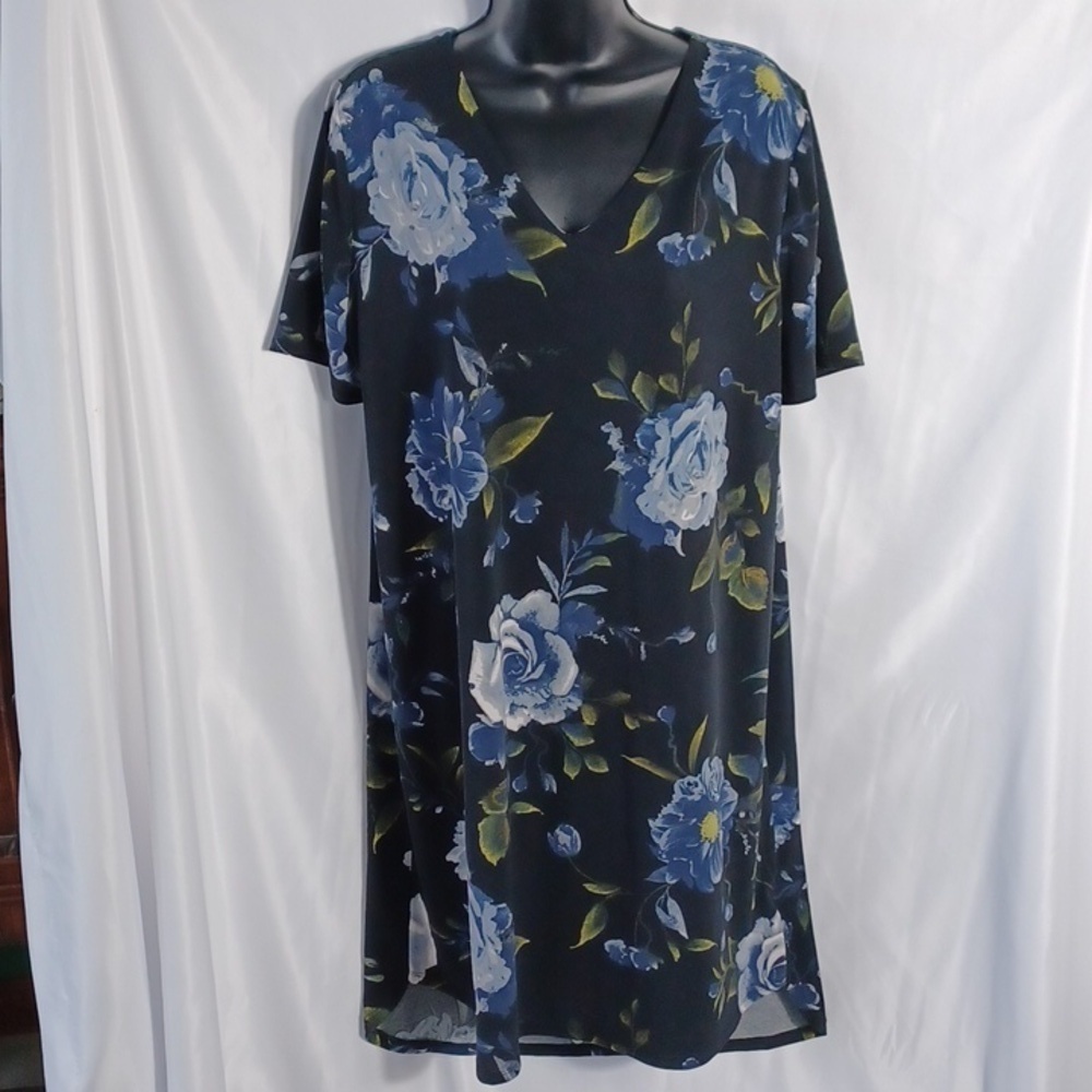 Christian Siriano Black Floral Short Sleeve Shift Stretch Dress Women's Sz XL